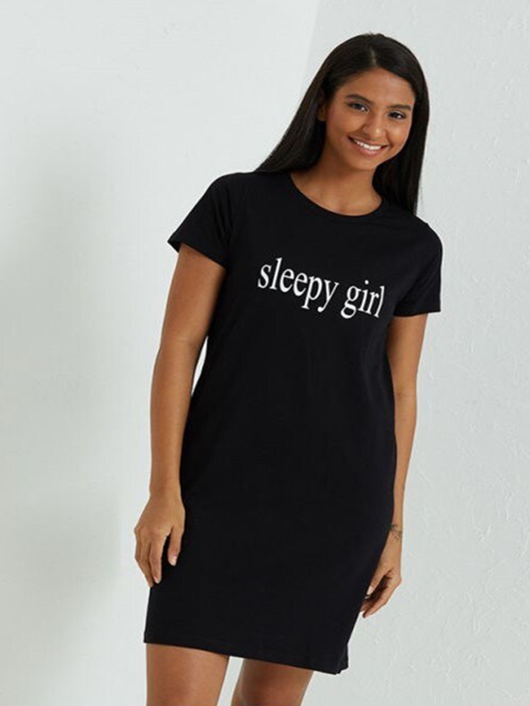 

Aila Printed Cotton Above Knee T-shirt Nightdress, Black