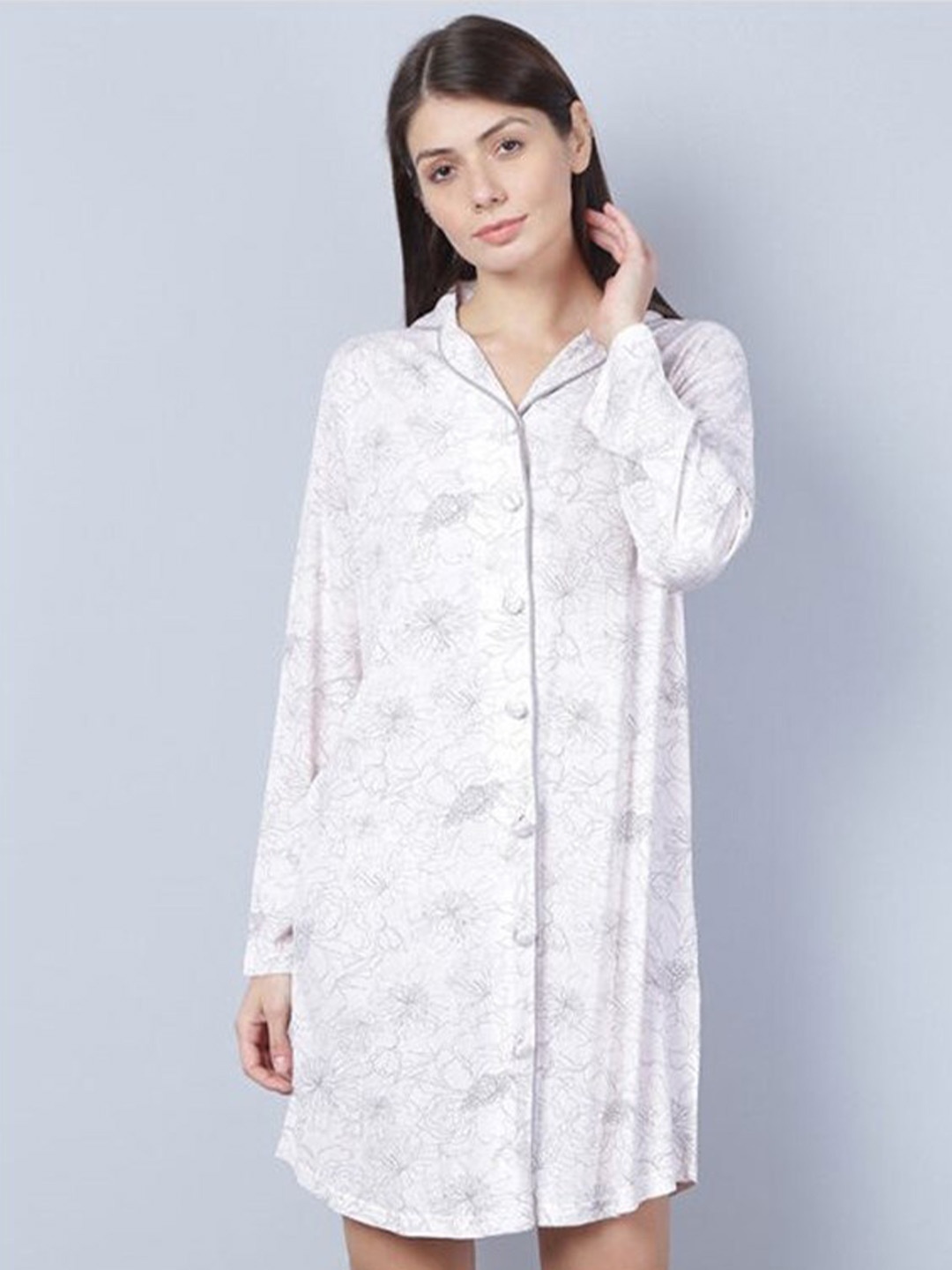 

Aila Floral Printed Shirt Nightdress, White