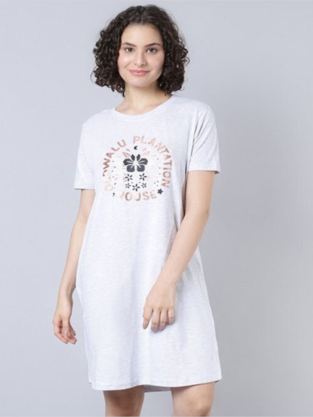 

Aila Typography Printed T-shirt Nightdress, Grey melange