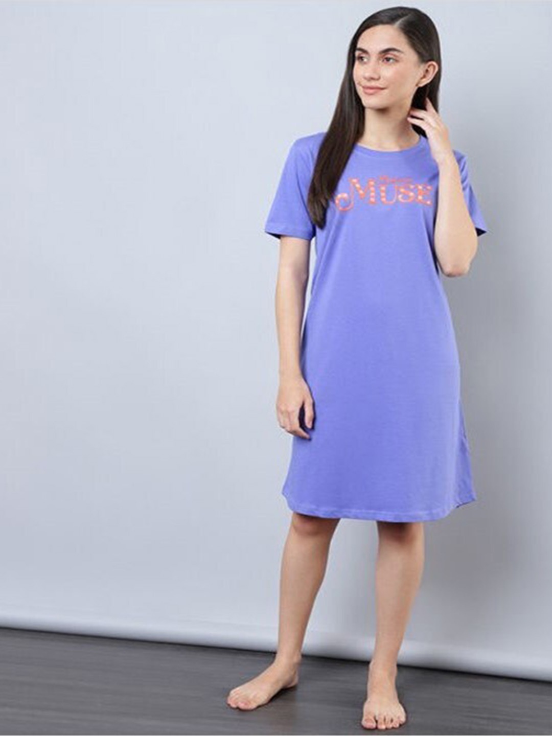 

Aila Typography Printed T-shirt Nightdress, Violet