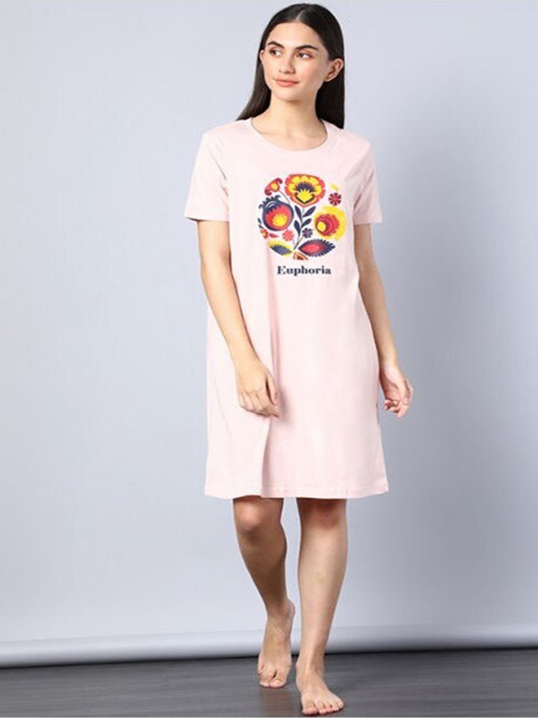 

Aila Floral Printed T-shirt Nightdress, Pink