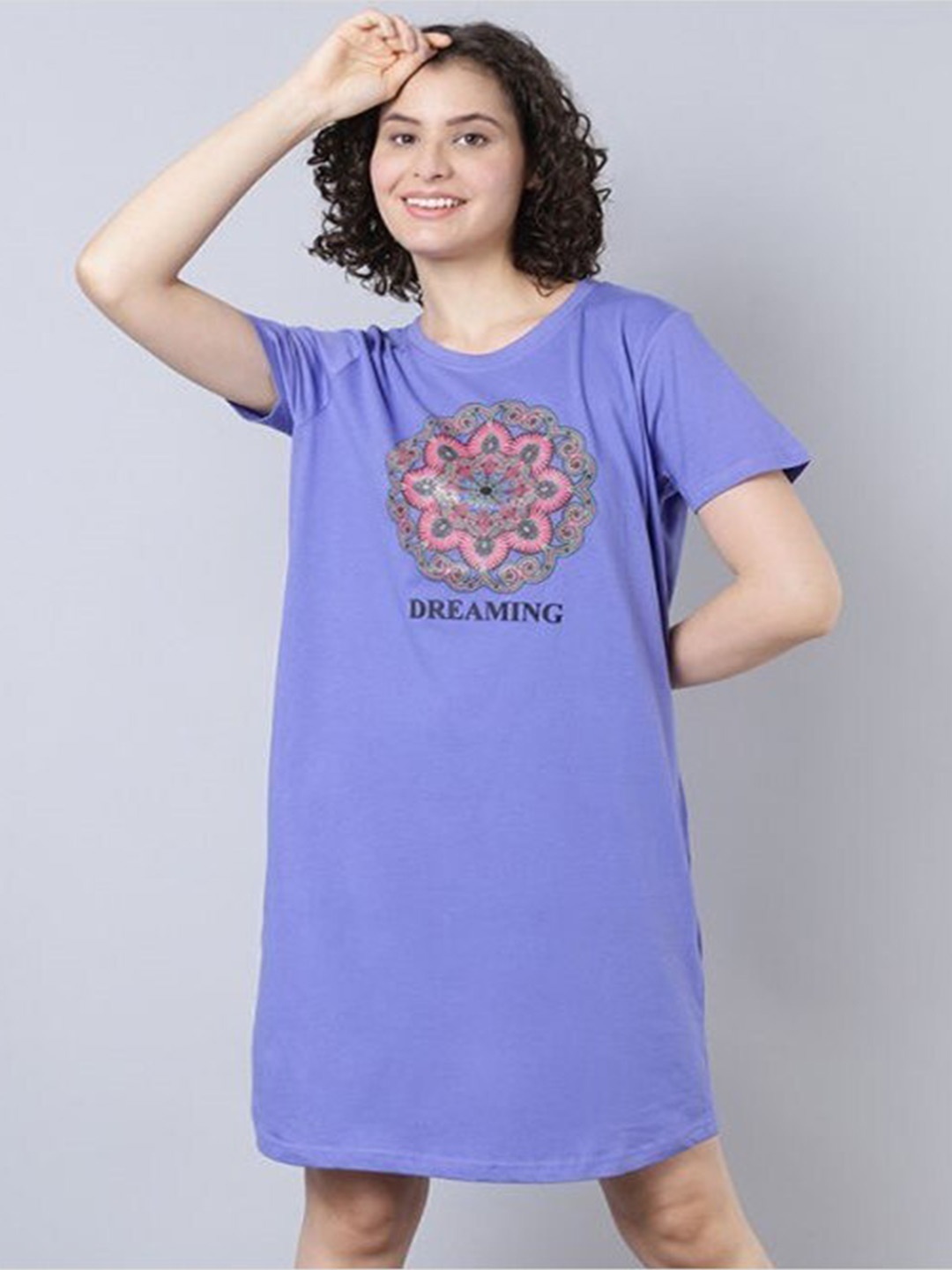 

Aila Ethnic Motifs Printed T-shirt Nightdress, Violet