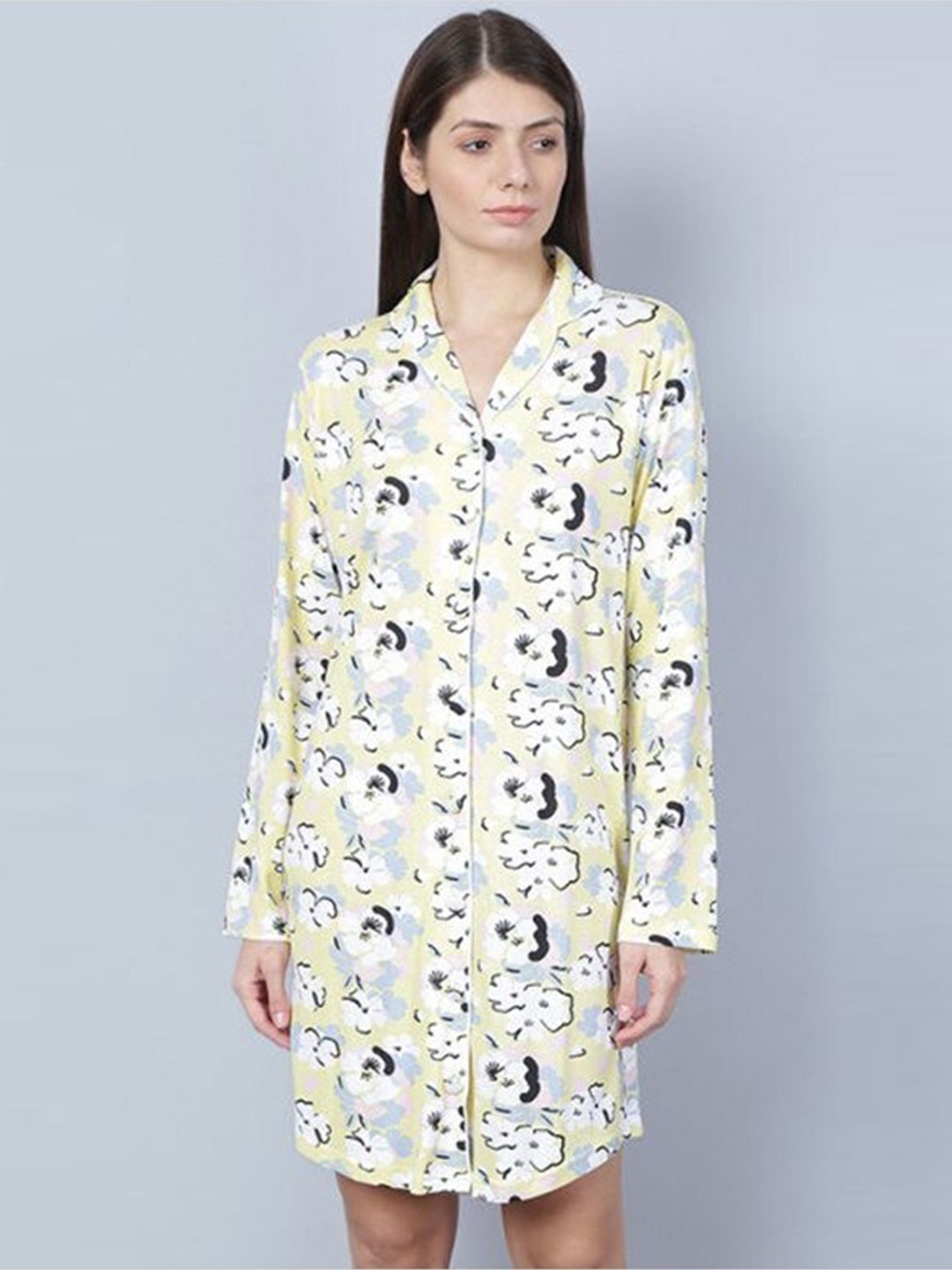 

Aila Floral Printed Shirt Nightdress, Yellow