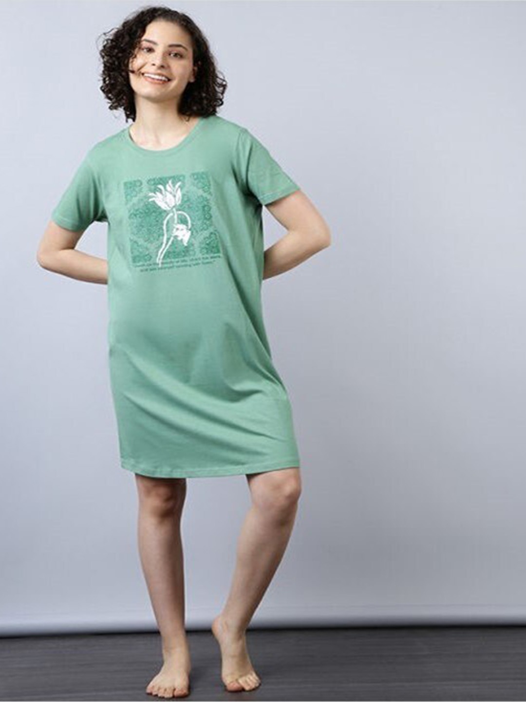 

Aila Floral Printed T-Shirt Nightdress, Green