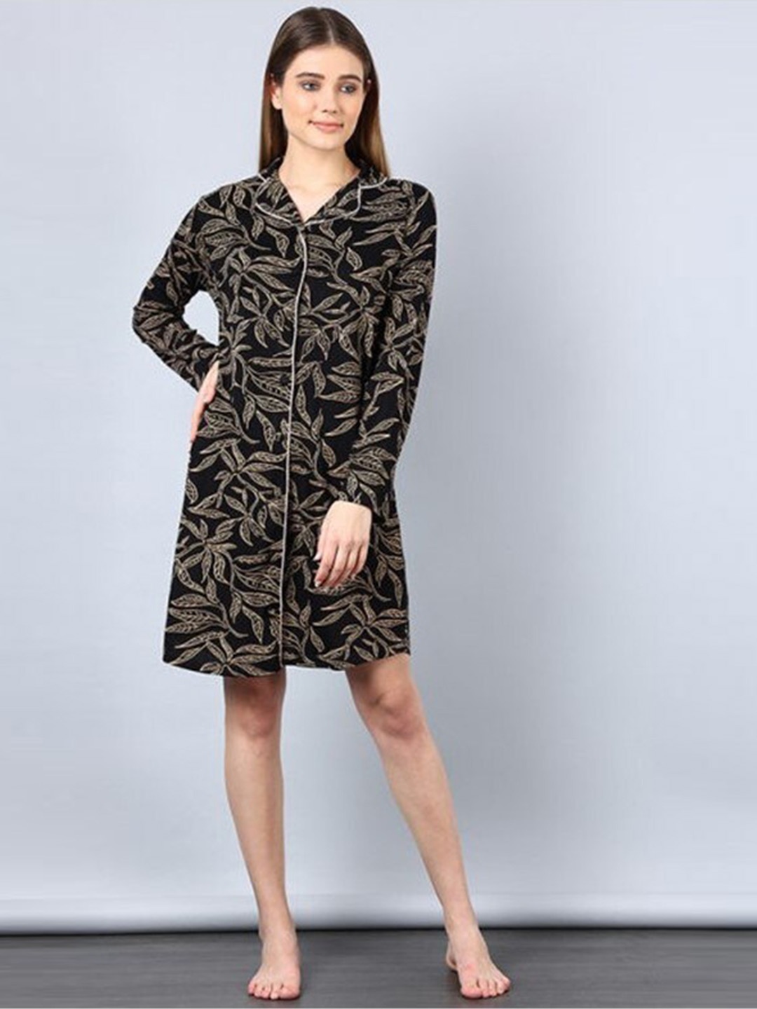 

Aila Tropical Printed Lapel Collar Long Sleeves Shirt Dress, Black