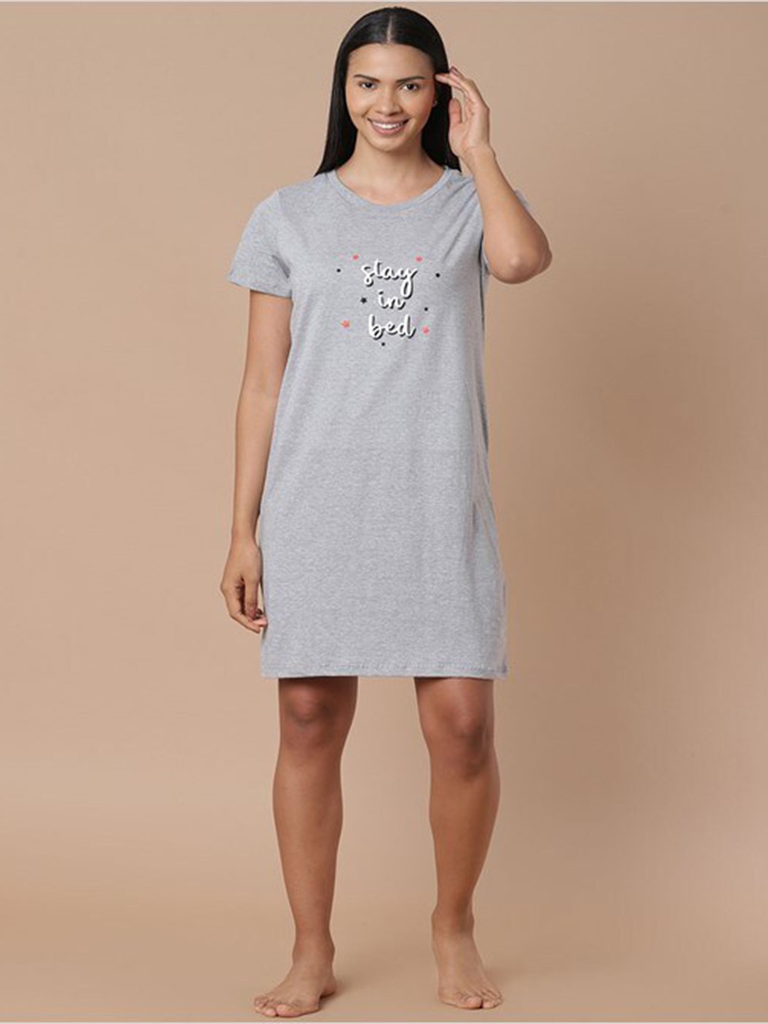 

Aila Typography Printed T-Shirt Nightdress, Grey