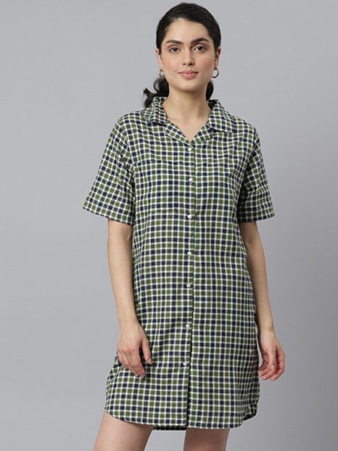 

Aila Checked Lapel Collar Shirt Nightdress, Navy blue