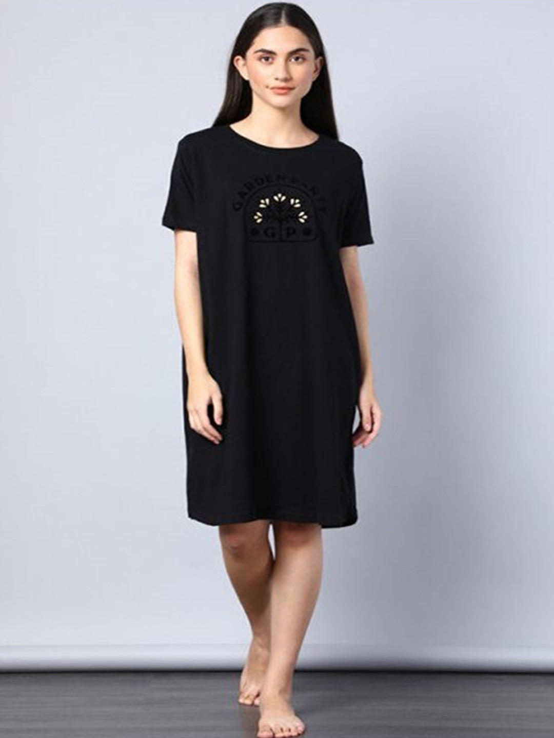 

Aila Printed Knee Length T-Shirt Nightdress, Black