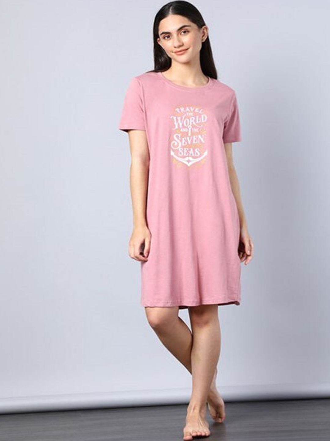 

Aila Typography Printed T-Shirt Nightdress, Pink