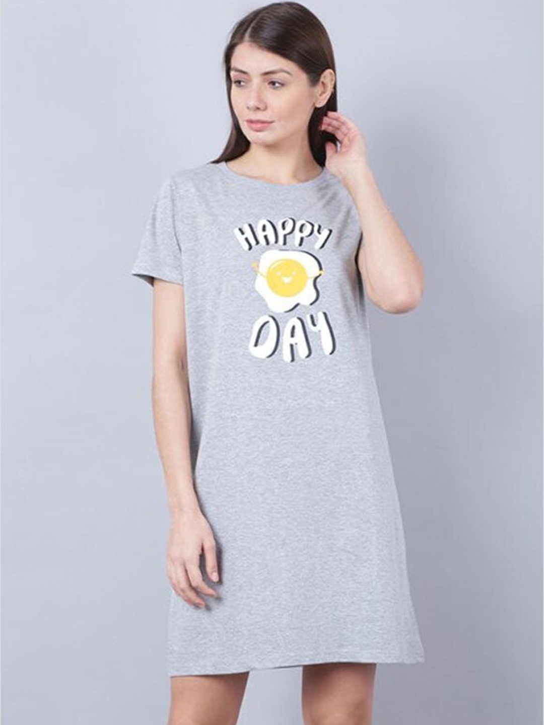 

Aila Typography Printed T-shirt Nightdress, Grey