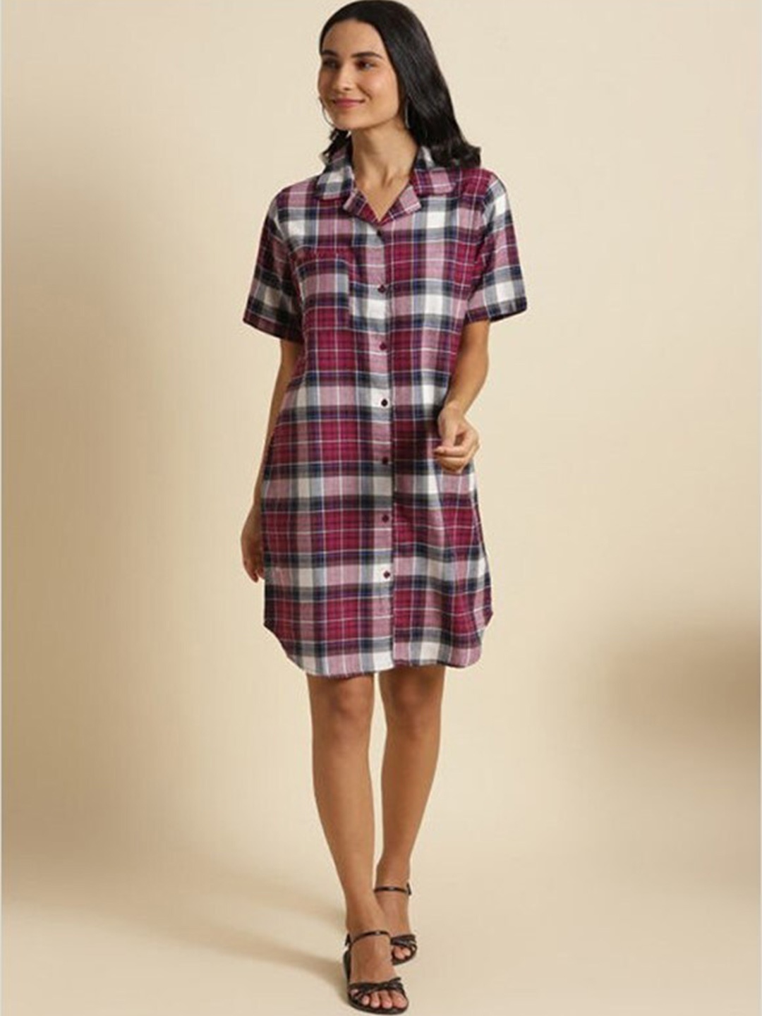

Aila Checked Shirt Style Above Knee Length Dress, Pink