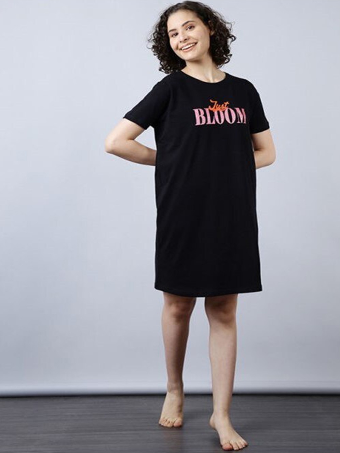 

Aila Typography Printed T-shirt Nightdress, Black