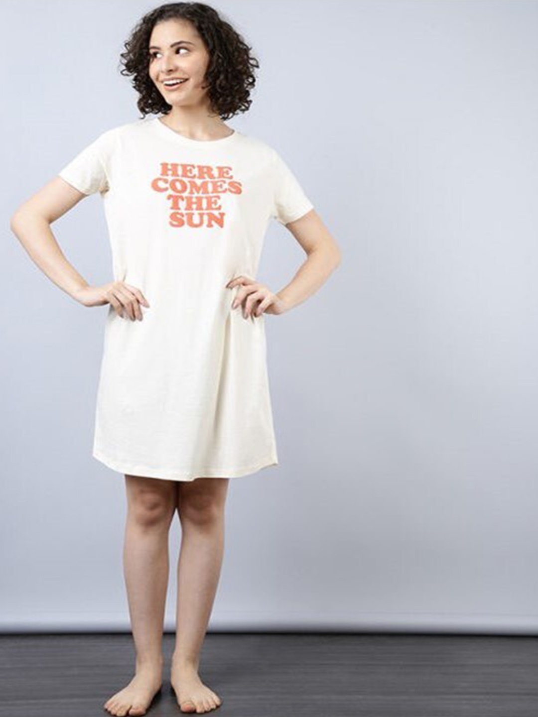 

Aila Typography Printed T-shirt Nightdress, Off white