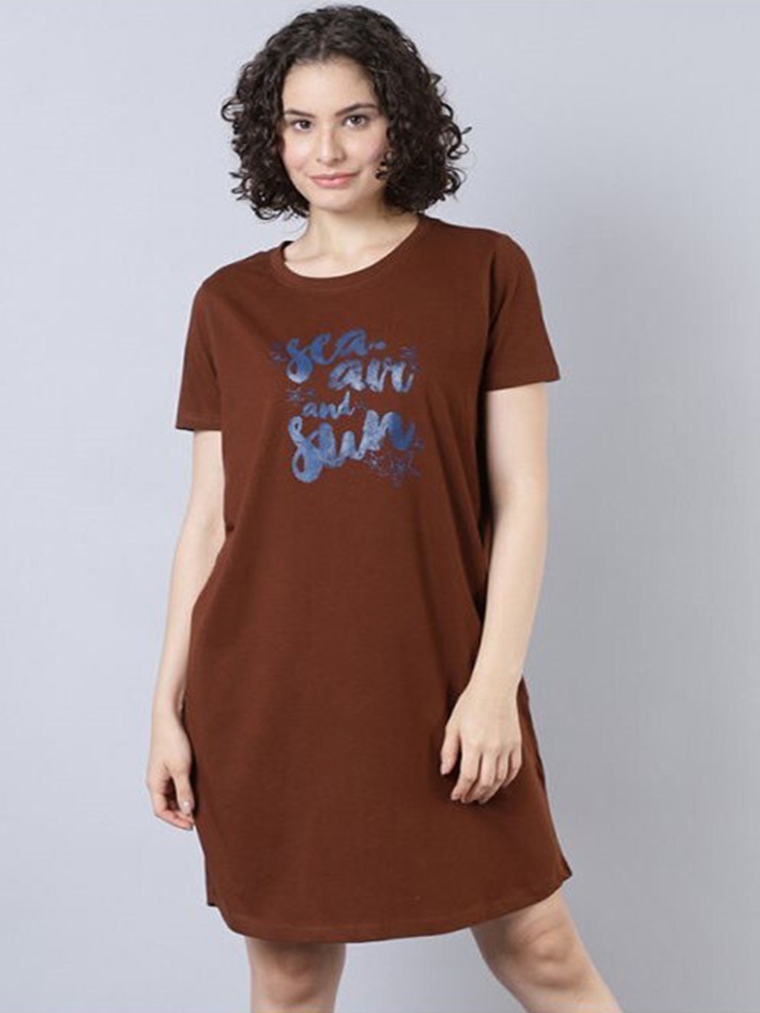 

Aila Typography Printed T-Shirt Nightdress, Brown