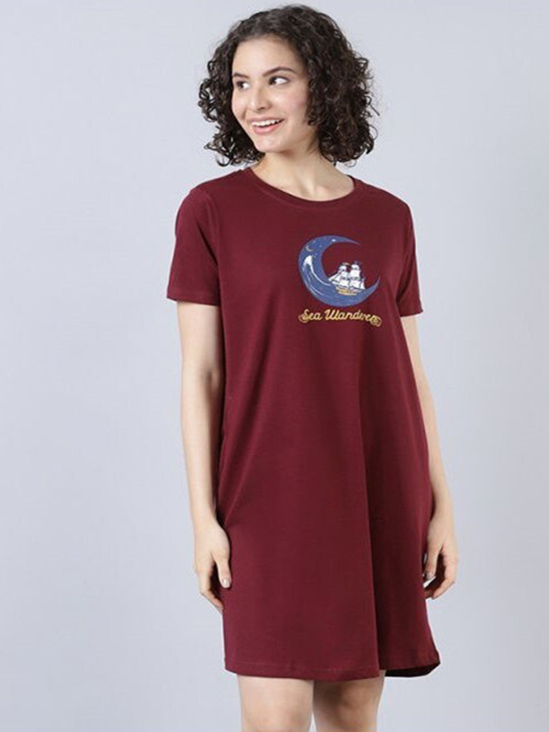 

Aila Printed Knee Length T-Shirt Nightdress, Maroon