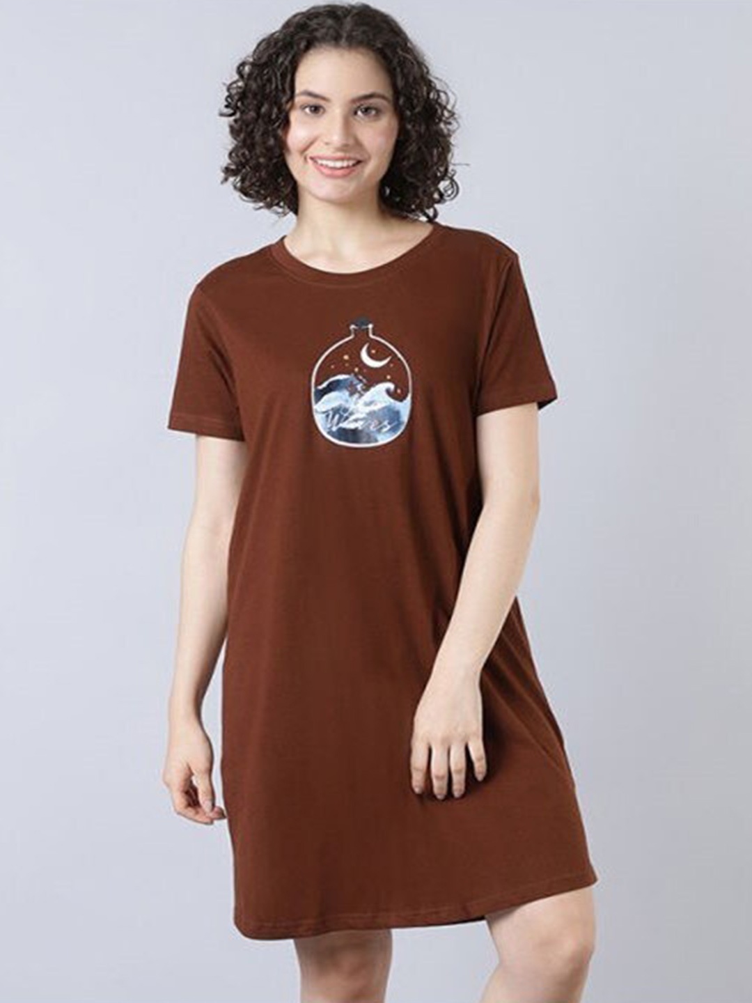 

Aila Typography Printed T-shirt Nightdress, Brown