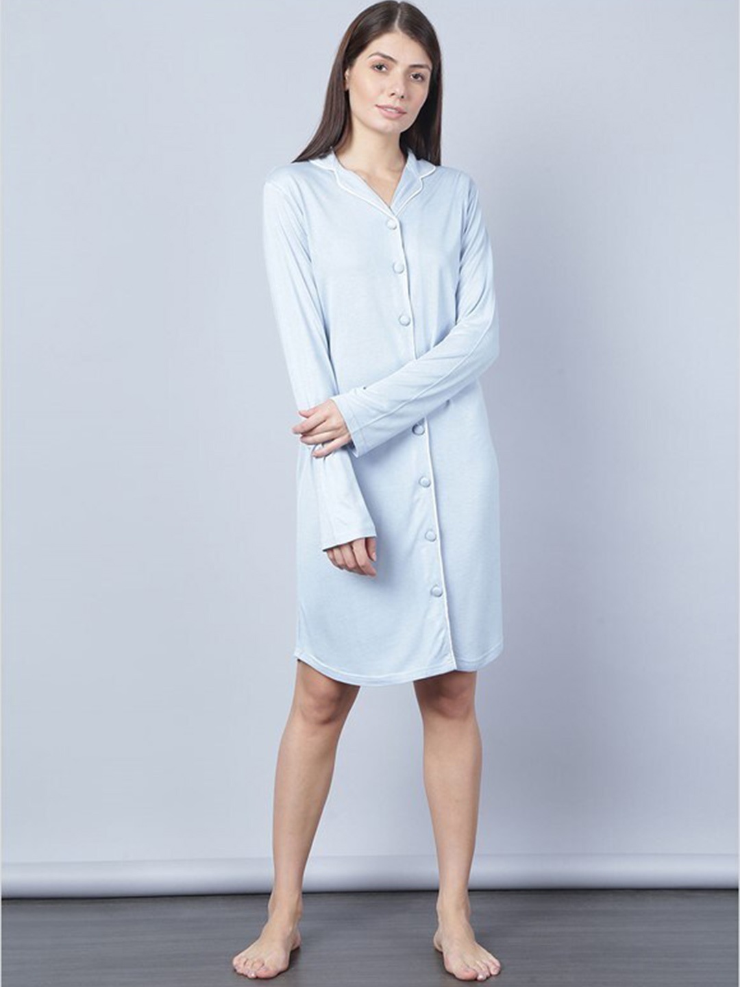 

Aila Solid Shirt Nightdress, Blue