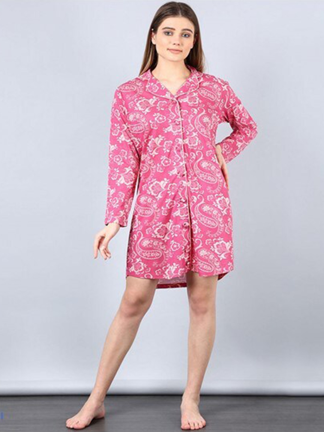 

Aila Ethnic Motifs Printed Lapel Collar Long Sleeves Shirt Dress, Pink