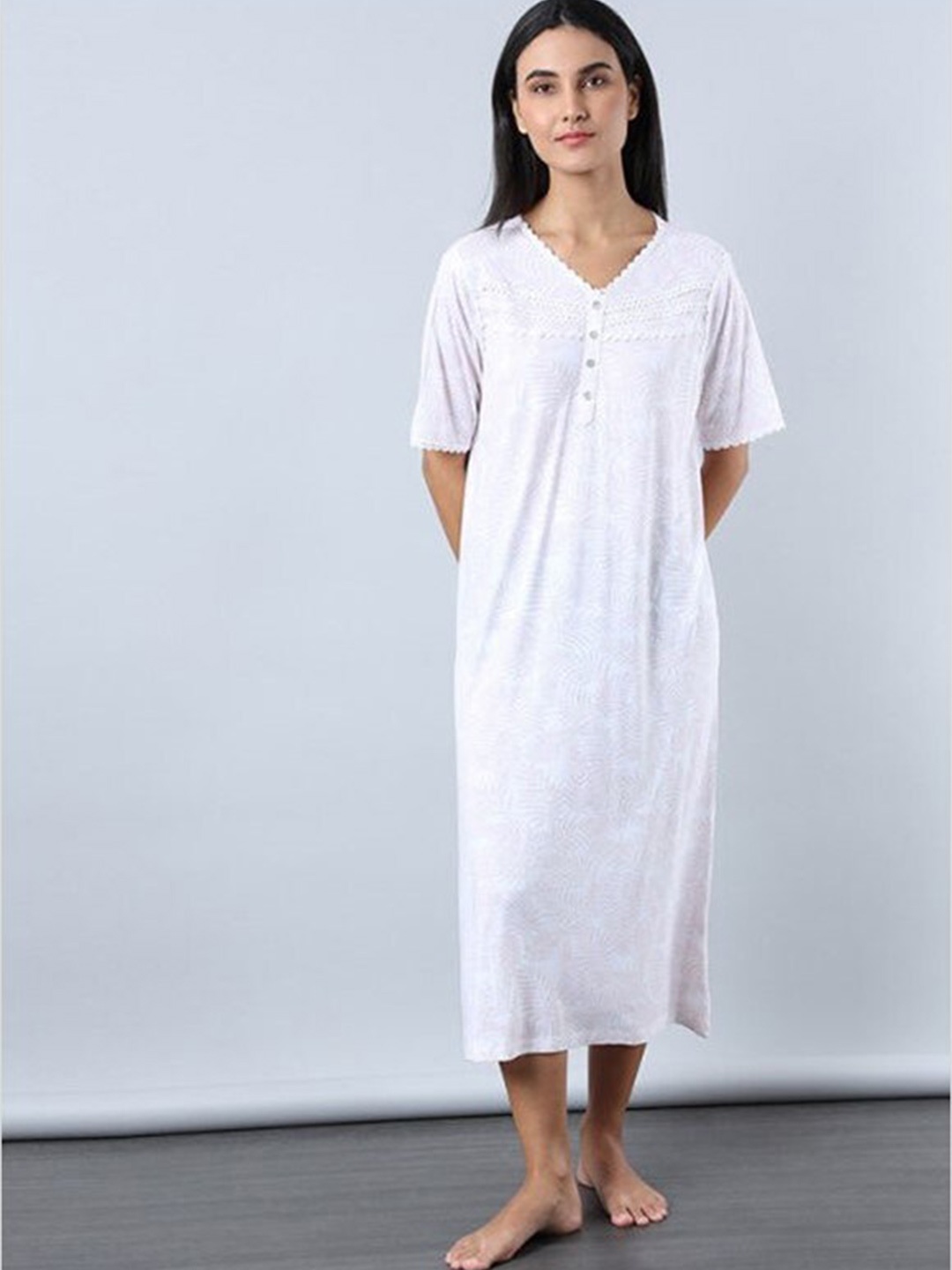 

Aila Tropical Printed V-Neck Nightdress, White