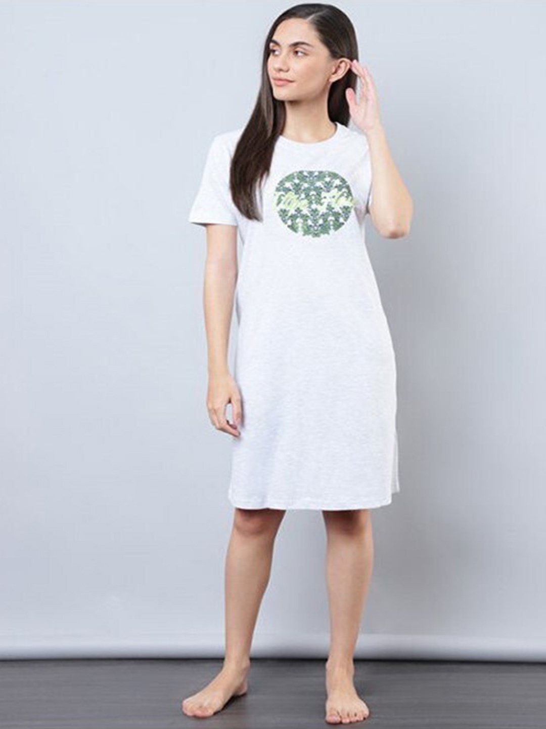 

Aila Printed Above Knee T-shirt Nightdress, Grey melange