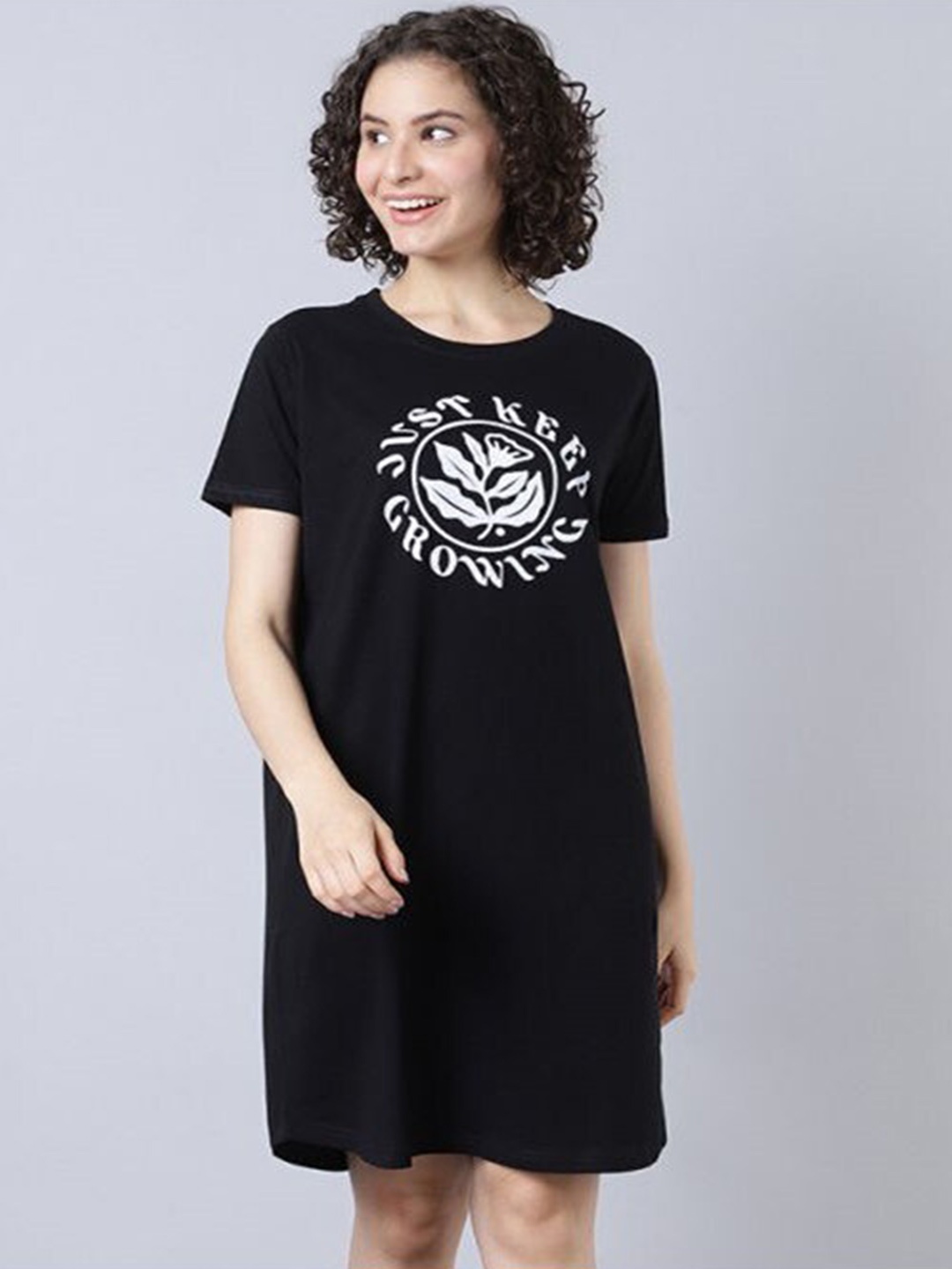 

Aila Typography Printed Above Knee Length T-shirt Nightdress, Black