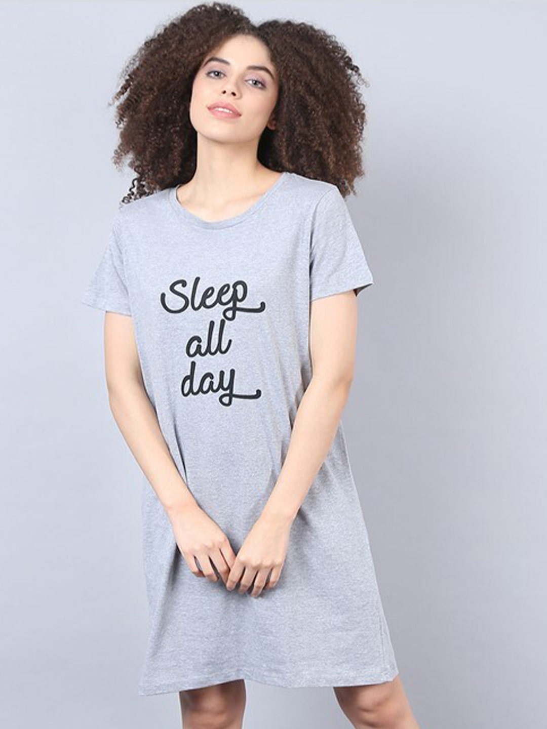 

Aila Typography Printed T-shirt Nightdress, Grey