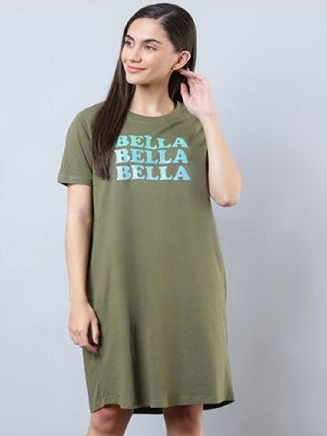 

Aila Typography Printed Above Knee T-shirt Nightdress, Green