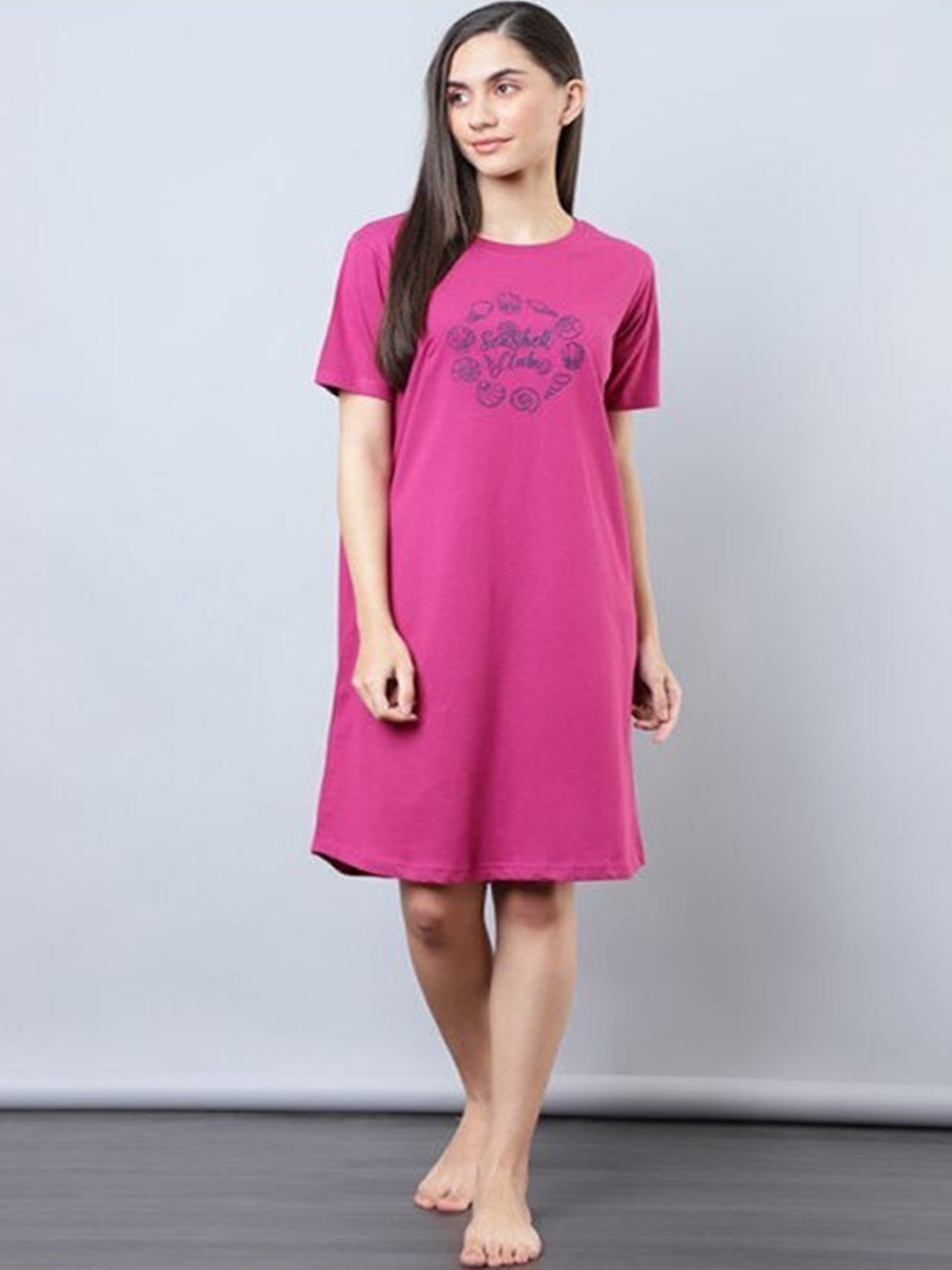 

Aila Typography Printed T-shirt Nightdress, Fuchsia