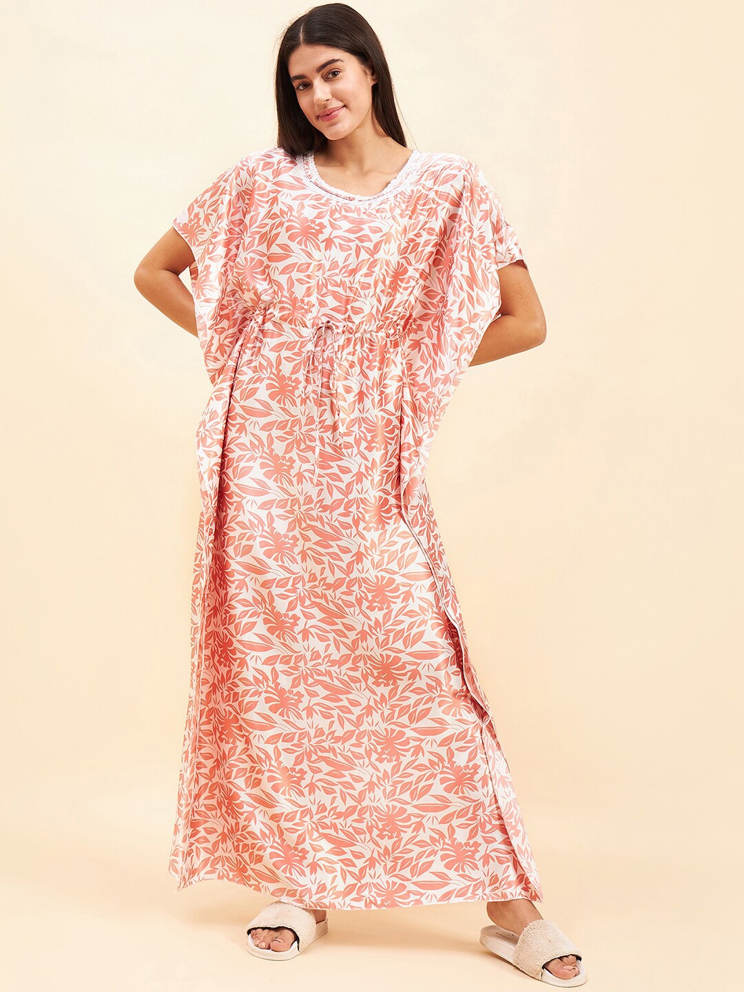 

Sweet Dreams Peach-Coloured & White Floral Printed Satin Maxi Kaftan Nightdress