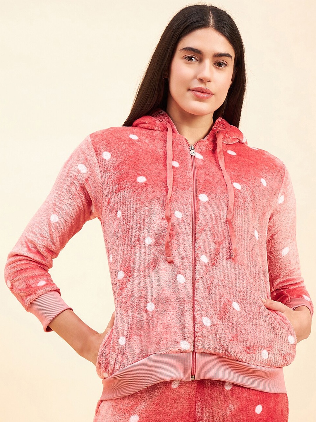 

Sweet Dreams Geometric Printed Hooded Front-Open Sweatshirt, Pink