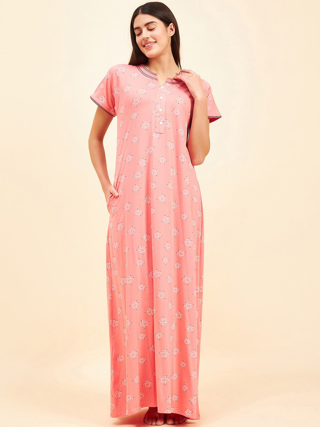 

Sweet Dreams Graphic Printed Pure Cotton Maxi Nightdress, Peach
