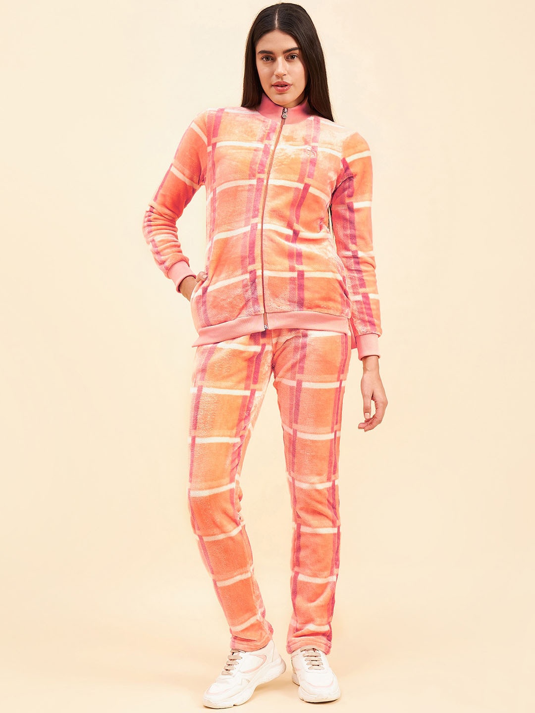 

Sweet Dreams Women Peach-Coloured Checked Mock Collar Tracksuit