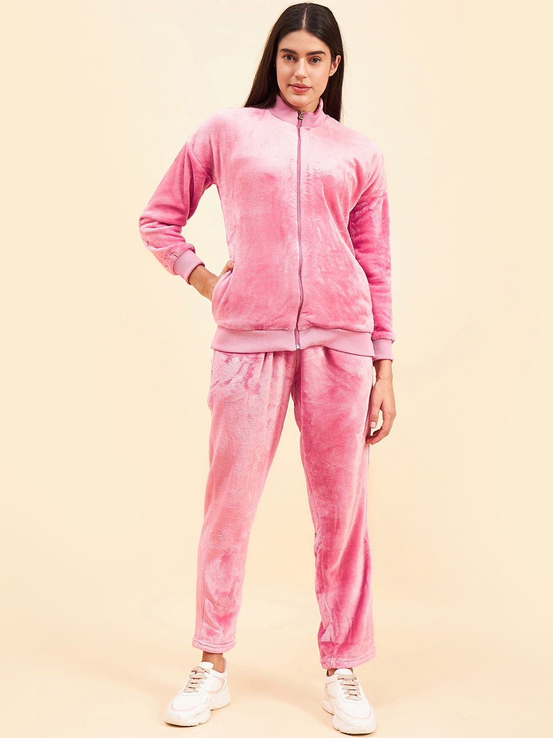 

Sweet Dreams Mock Collar Long Sleeves Mid-Rise Tracksuit, Pink