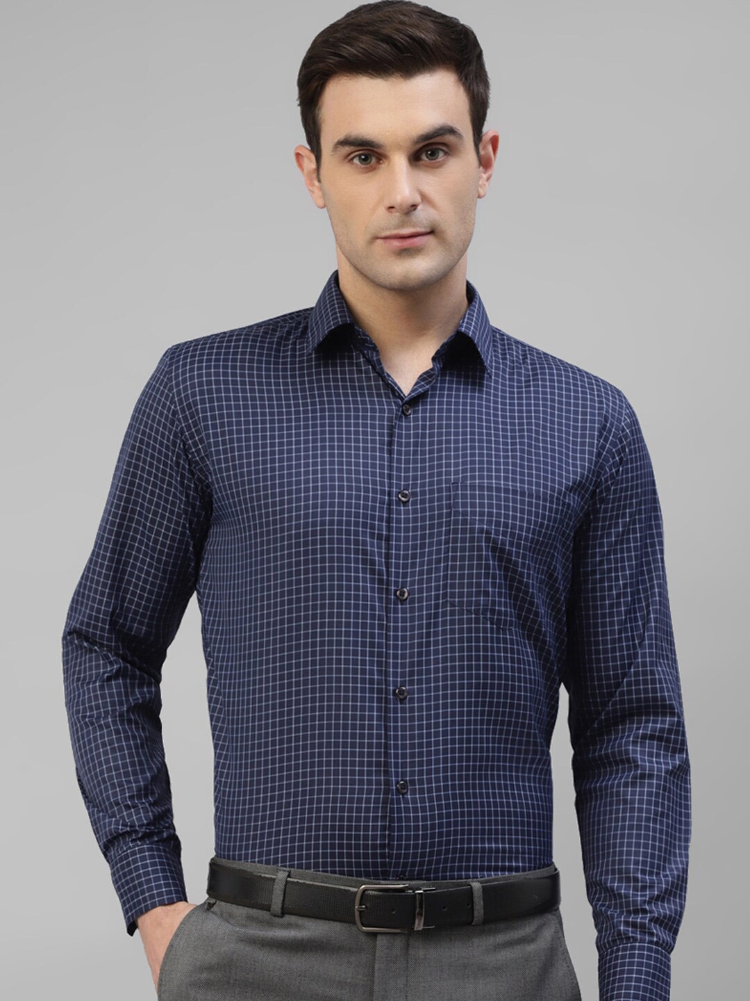 

English Navy Smart Slim Fit Micro Checked Formal Shirt, Navy blue