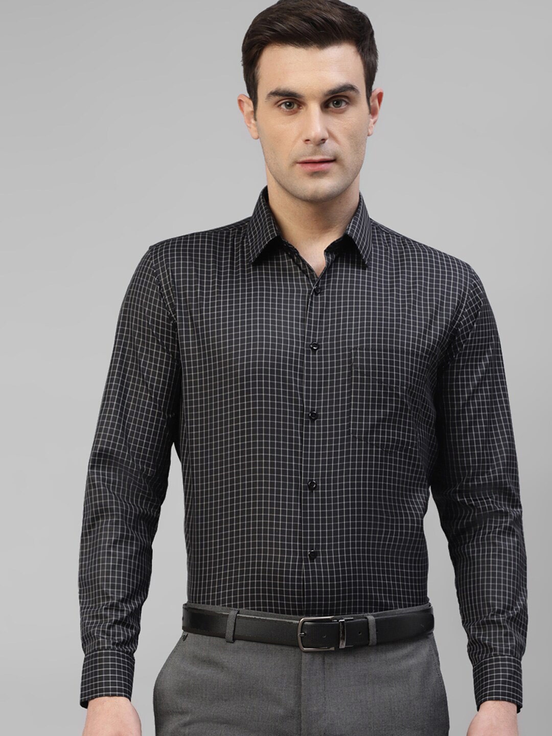 

English Navy Smart Slim Fit Micro Checked Formal Shirt, Black