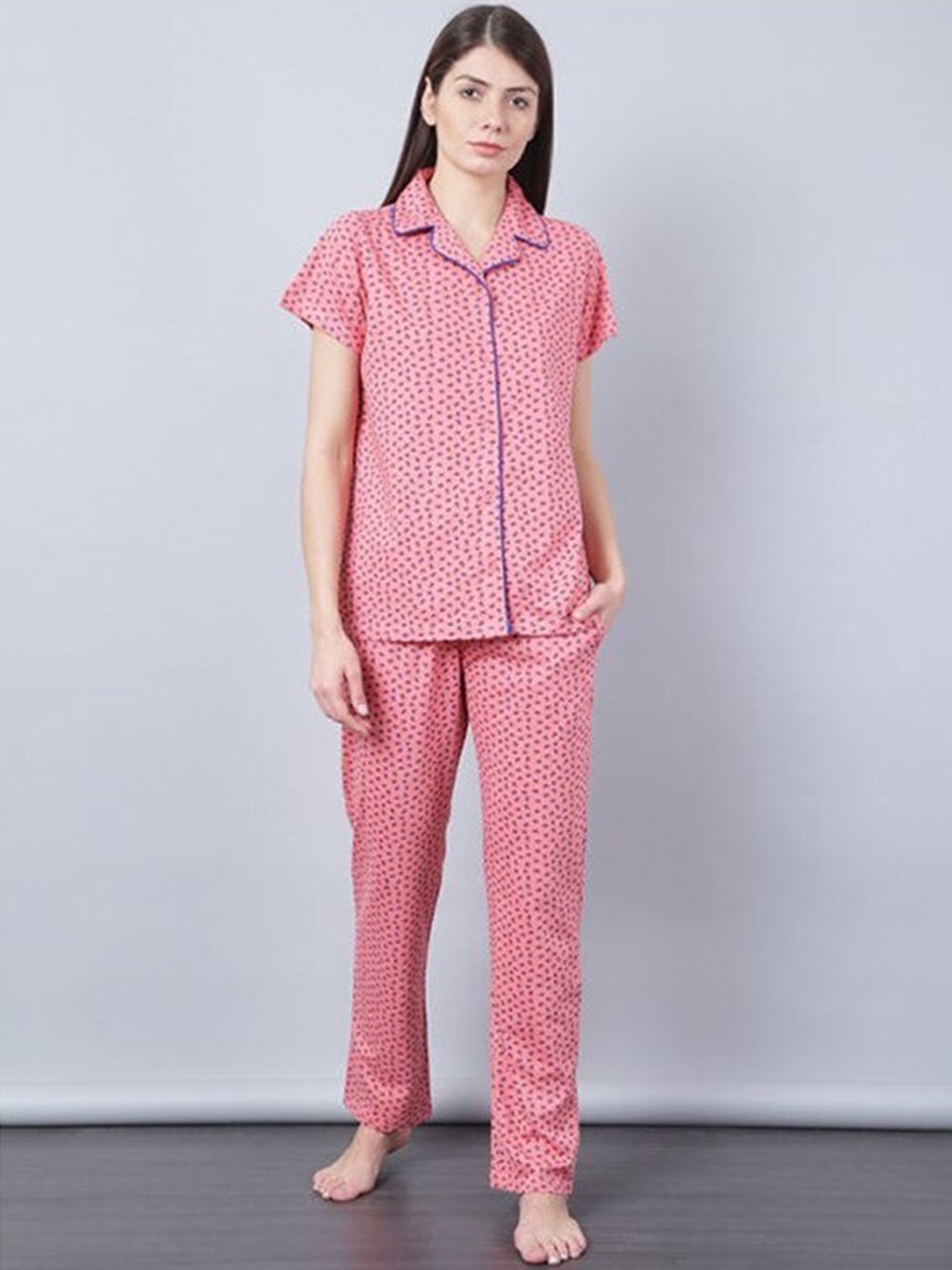 

Aila Graphic Printed Lapel Collar Shirt With Pyjamas, Pink