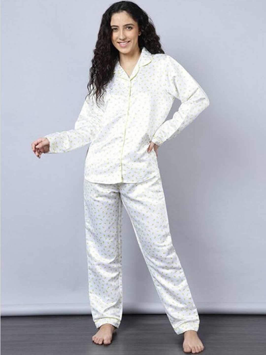 

Aila Floral Printed Lapel Collar Pure Cotton Night Suit, White