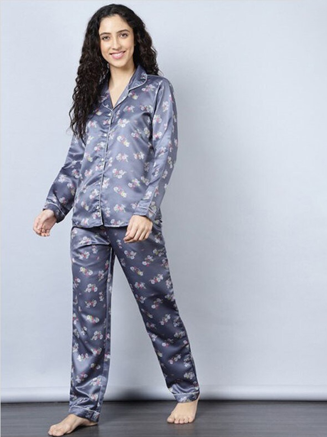 

Aila Floral Printed Pure Cotton Night suit, Grey