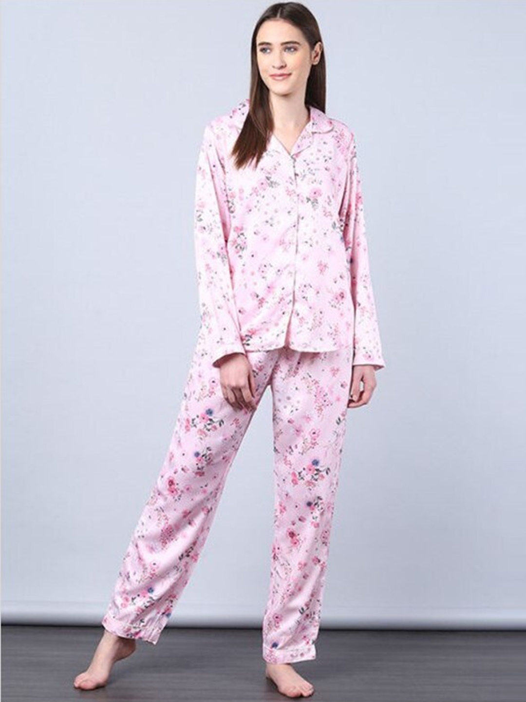 

Aila Floral Printed Lapel Collar Shirt With Trouser, Pink