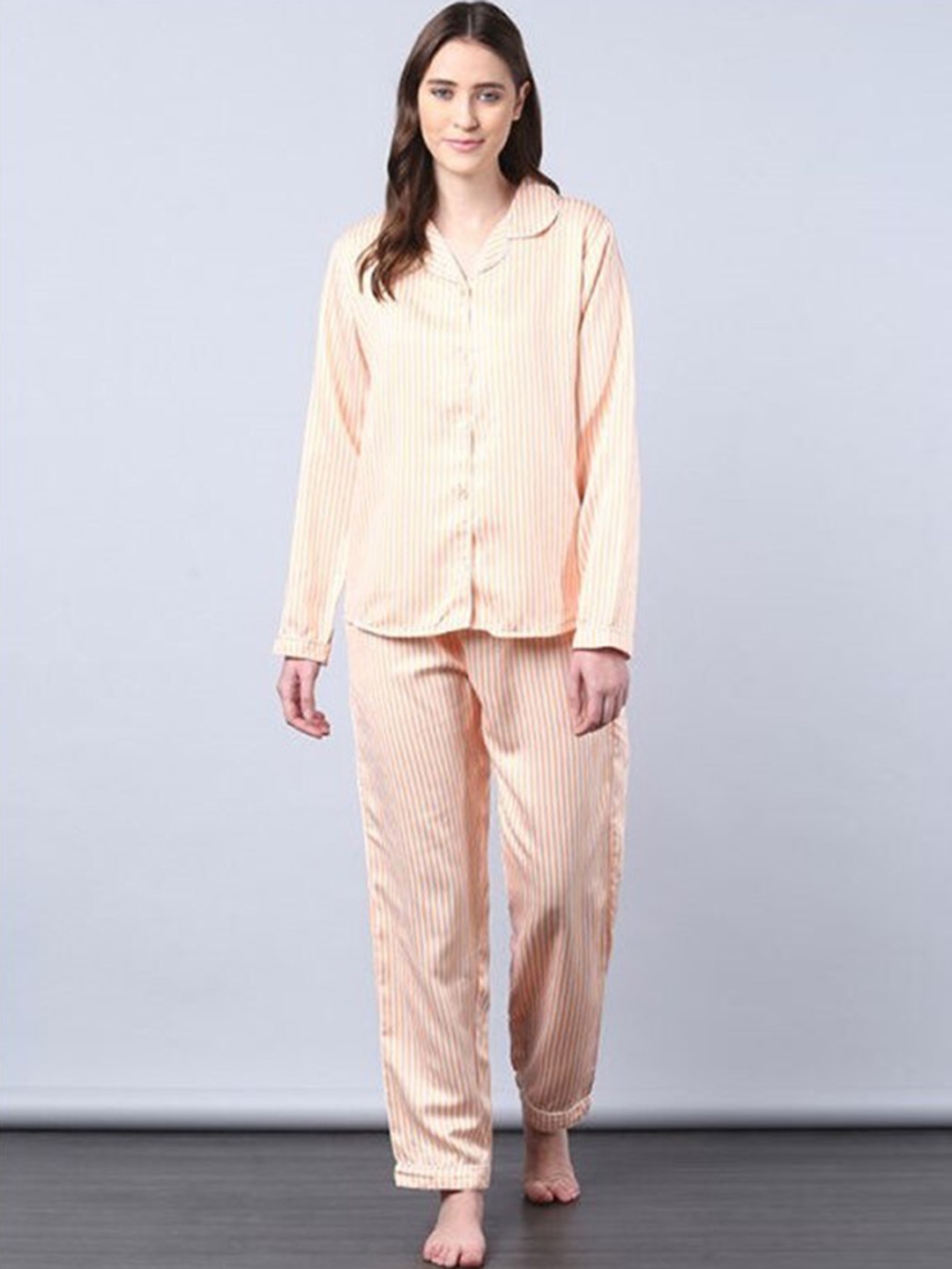 

Aila Striped Lapel Collar Shirt With Pyjamas, Orange