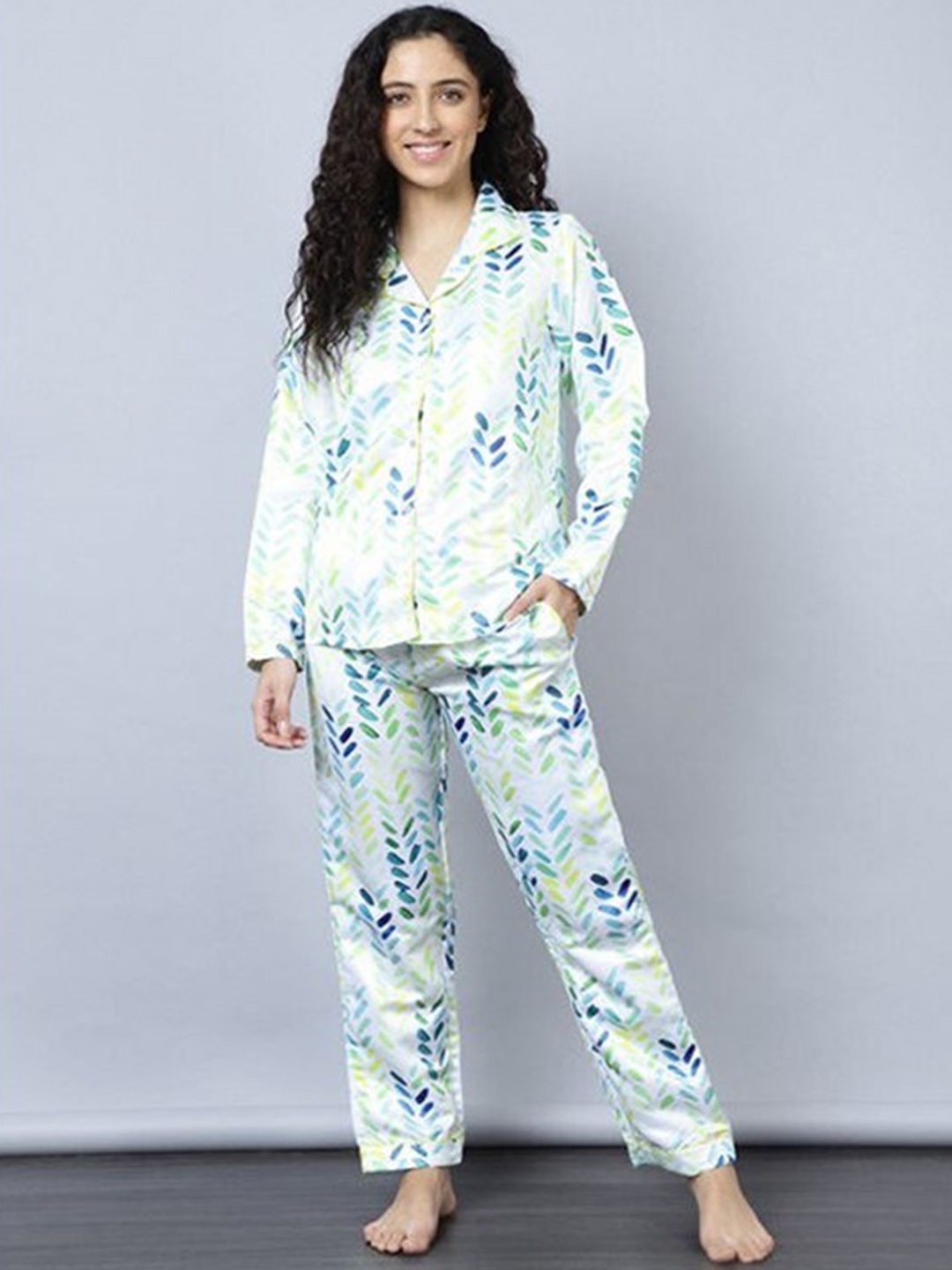 

Aila Floral Printed Lapel Collar Pure Cotton Night suit, Blue