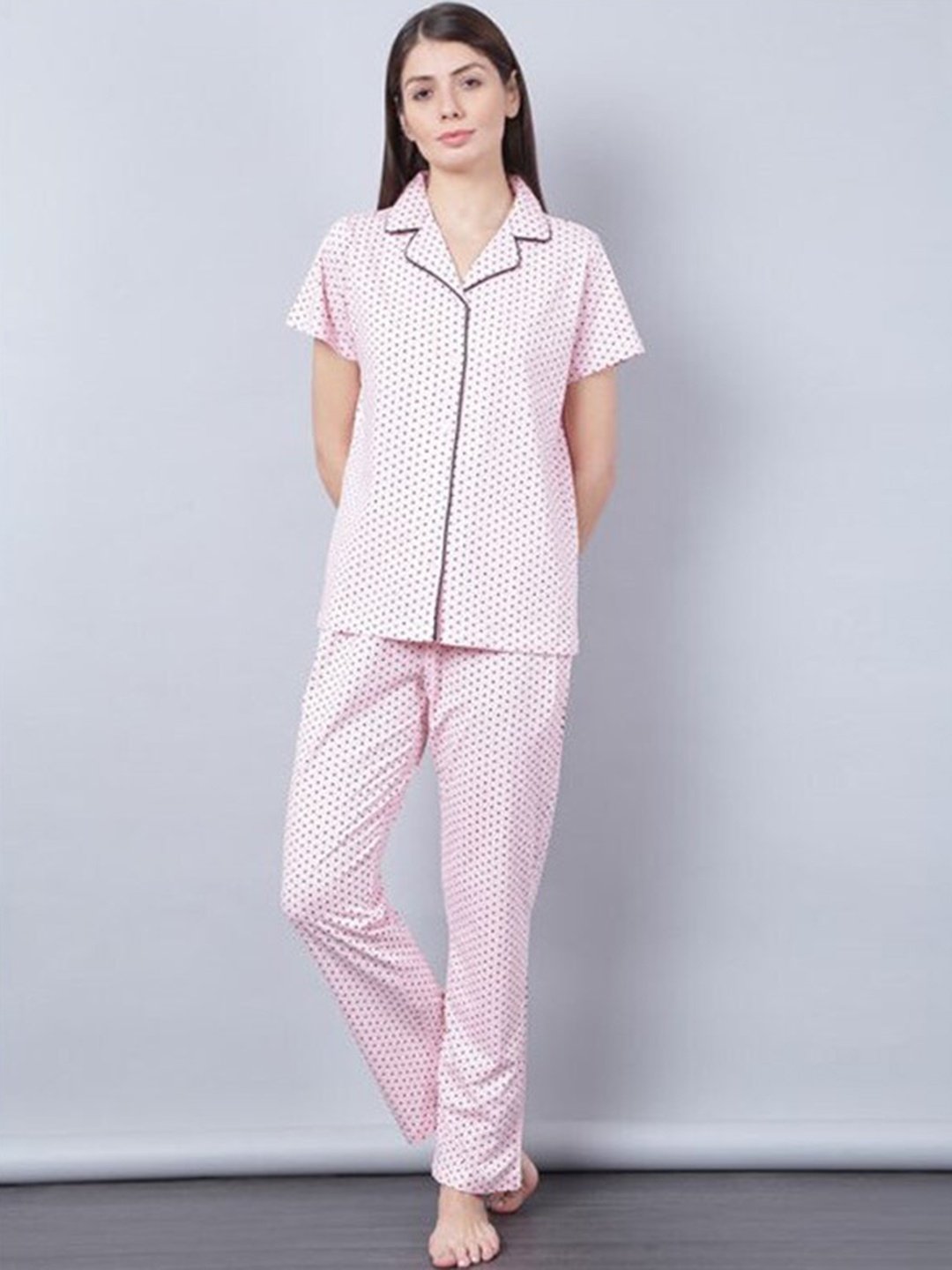 

Aila Polka Dots Printed Cotton Lapel Collar Night Suit, Pink