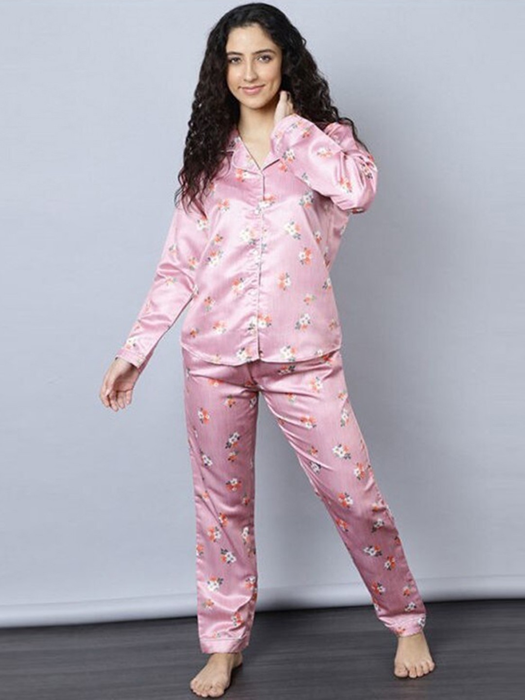 

Aila Floral Printed Lapel Collar Pure Cotton Shirt With Pyjamas, Pink