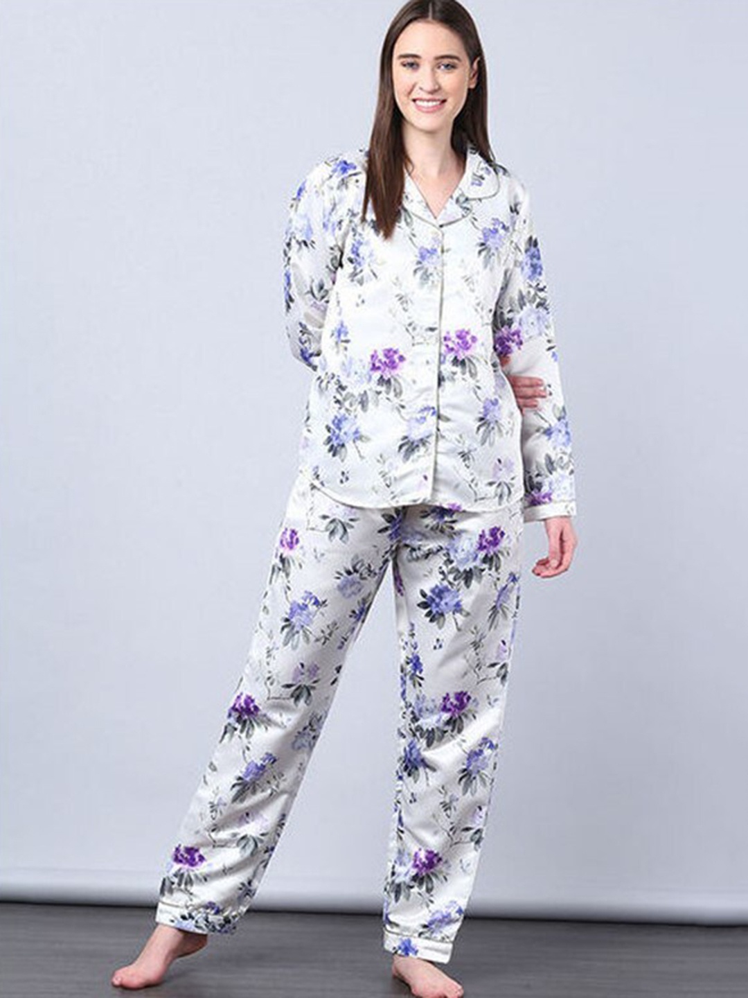 

Aila Floral Printed Lapel Collar Pure Cotton Night suit, White