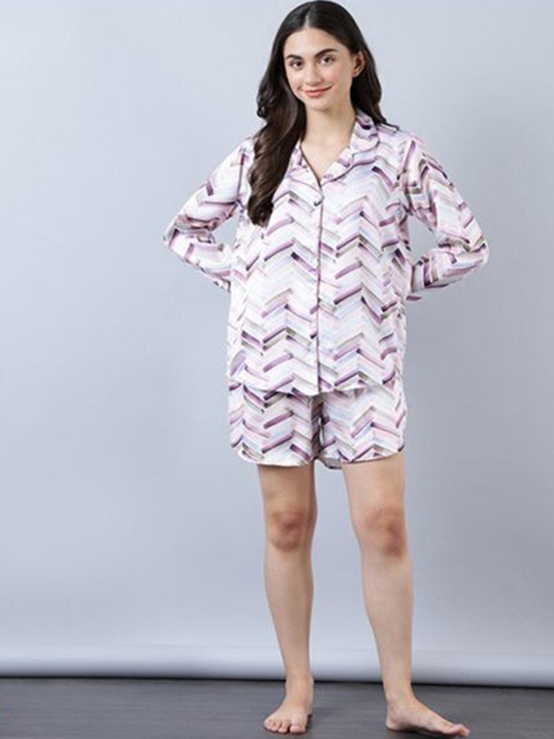

Aila Geometric Printed Lapel Collar Pure Cotton Night suit, White