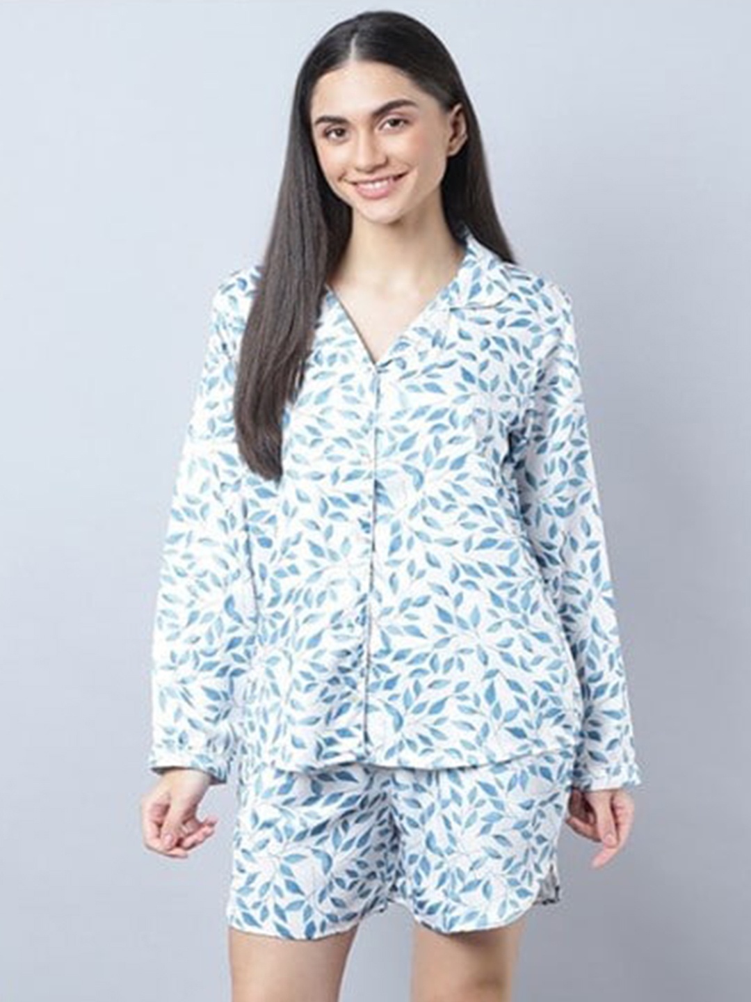

Aila Floral Printed Pure Cotton Shirt With Shorts, White