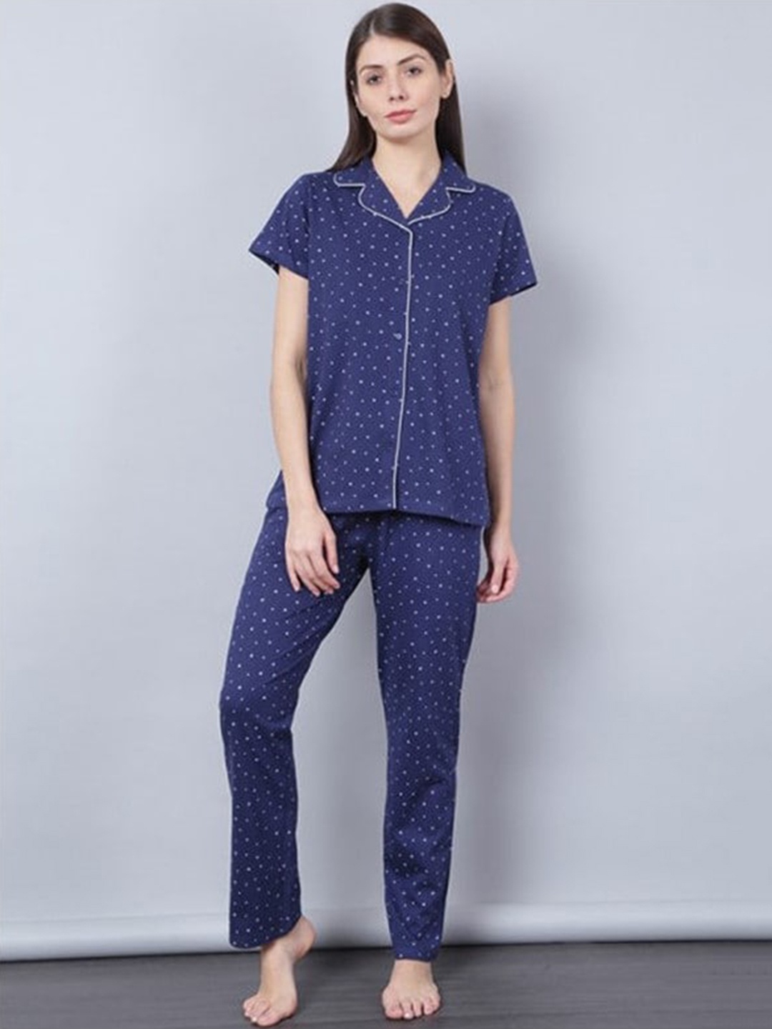 

Aila Polka Dot Printed Night suit, Blue