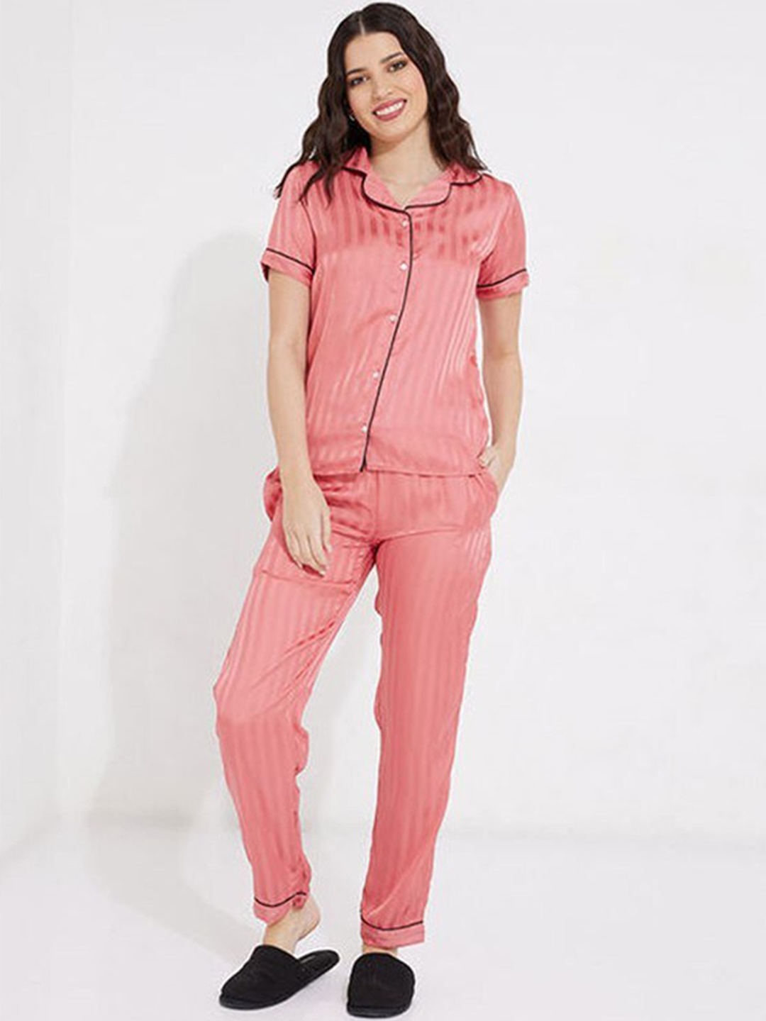 

Aila Striped Lapel Collar Pure Cotton Shirt With Pyjamas, Peach