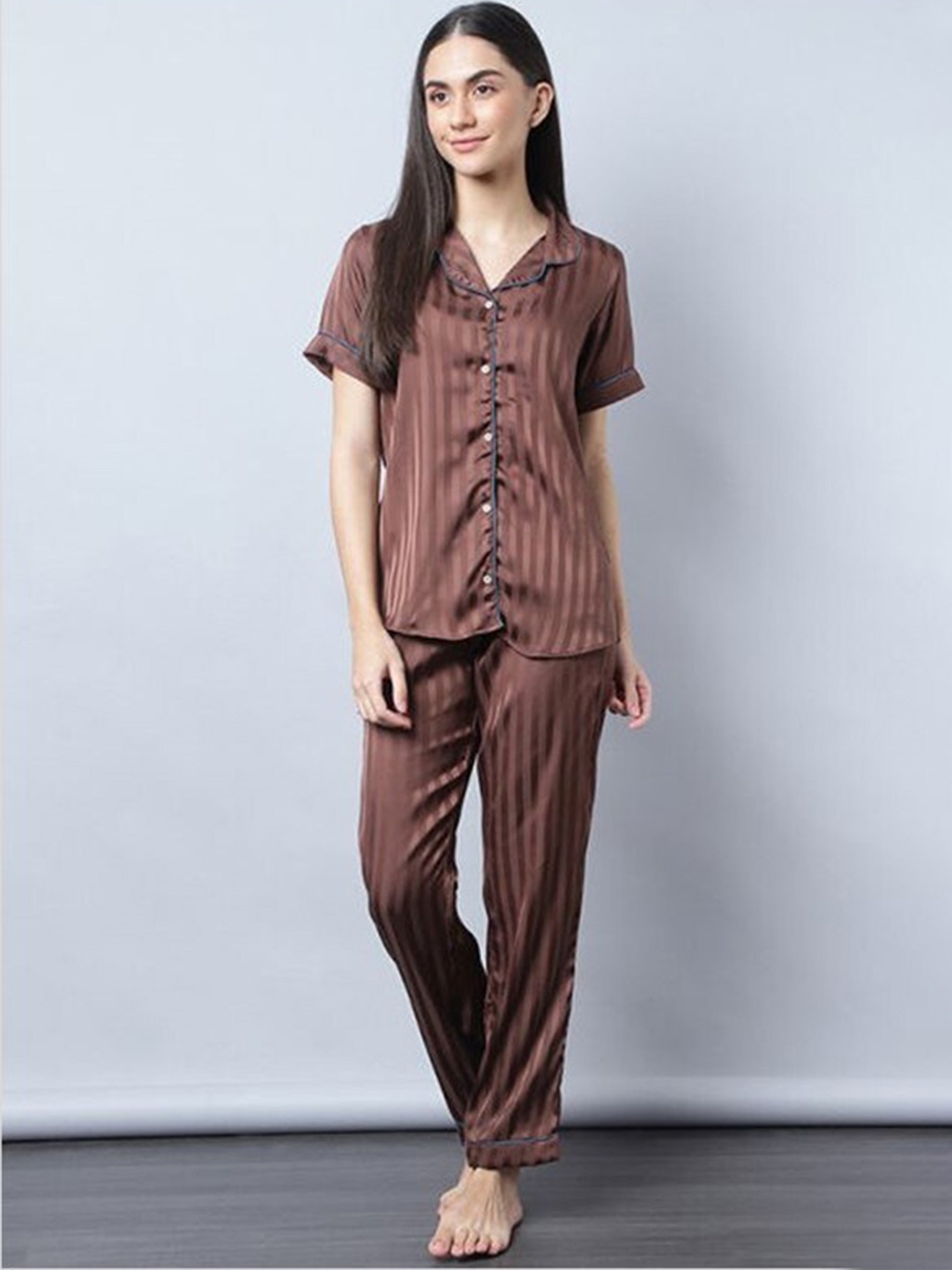 

Aila Striped Pure Cotton Shirt With Pyjamas, Brown