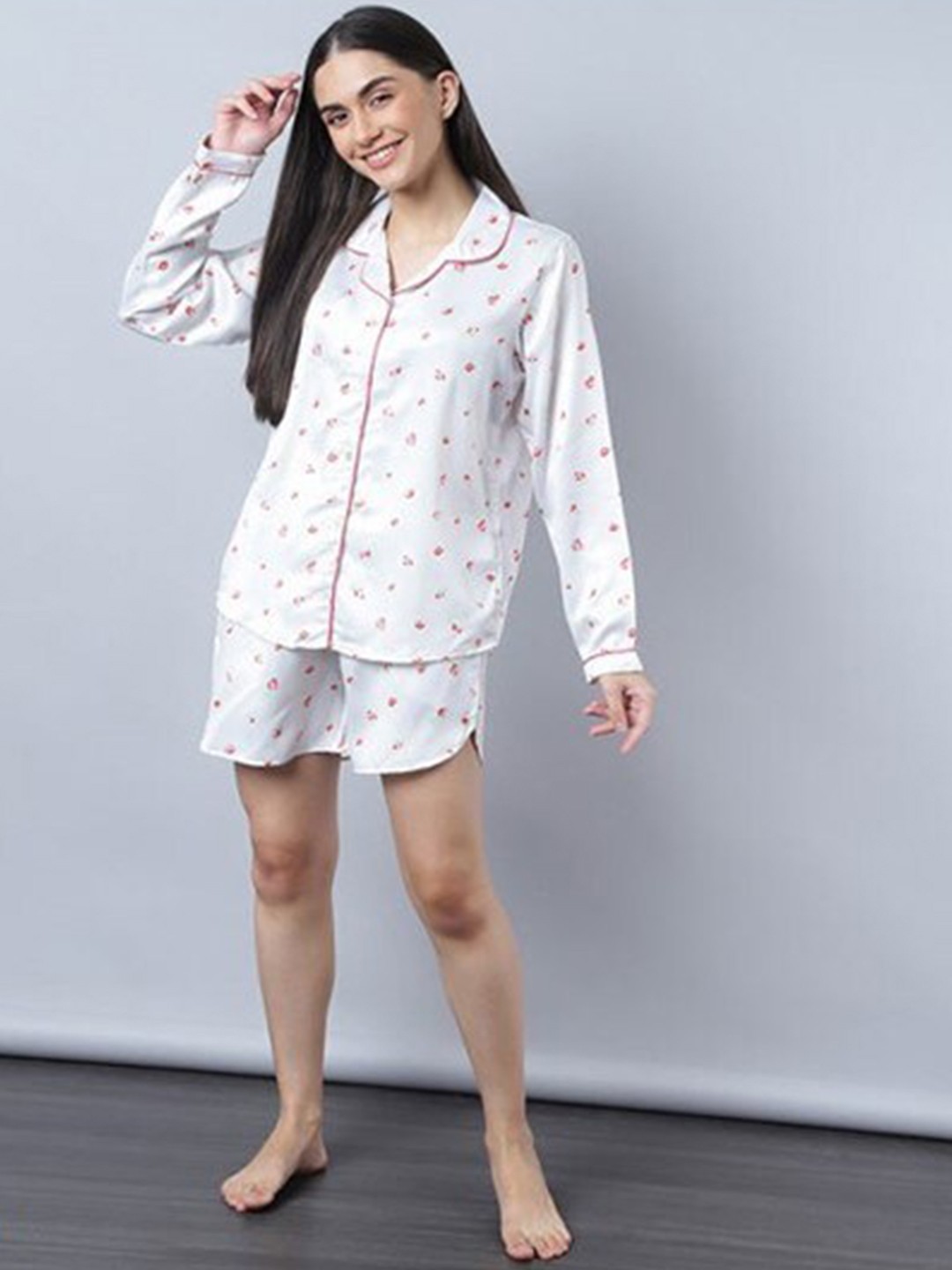 

Aila Floral Printed Lapel Collar Pure Cotton Night Suit, White